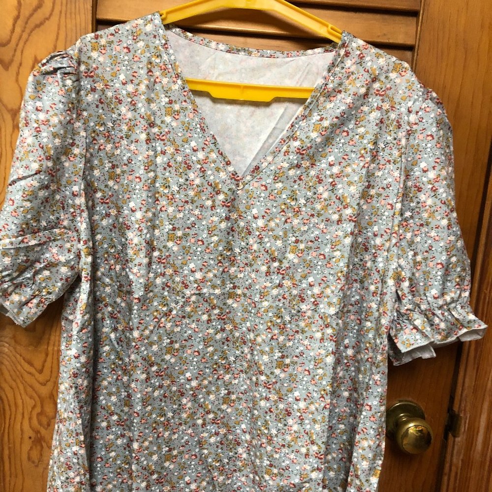 Floral Print V Neck Blouse, Casual Lantern Sleeves XXL